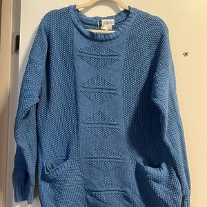 Les Copains Blue Textured Crewneck Sweater with Front Pockets